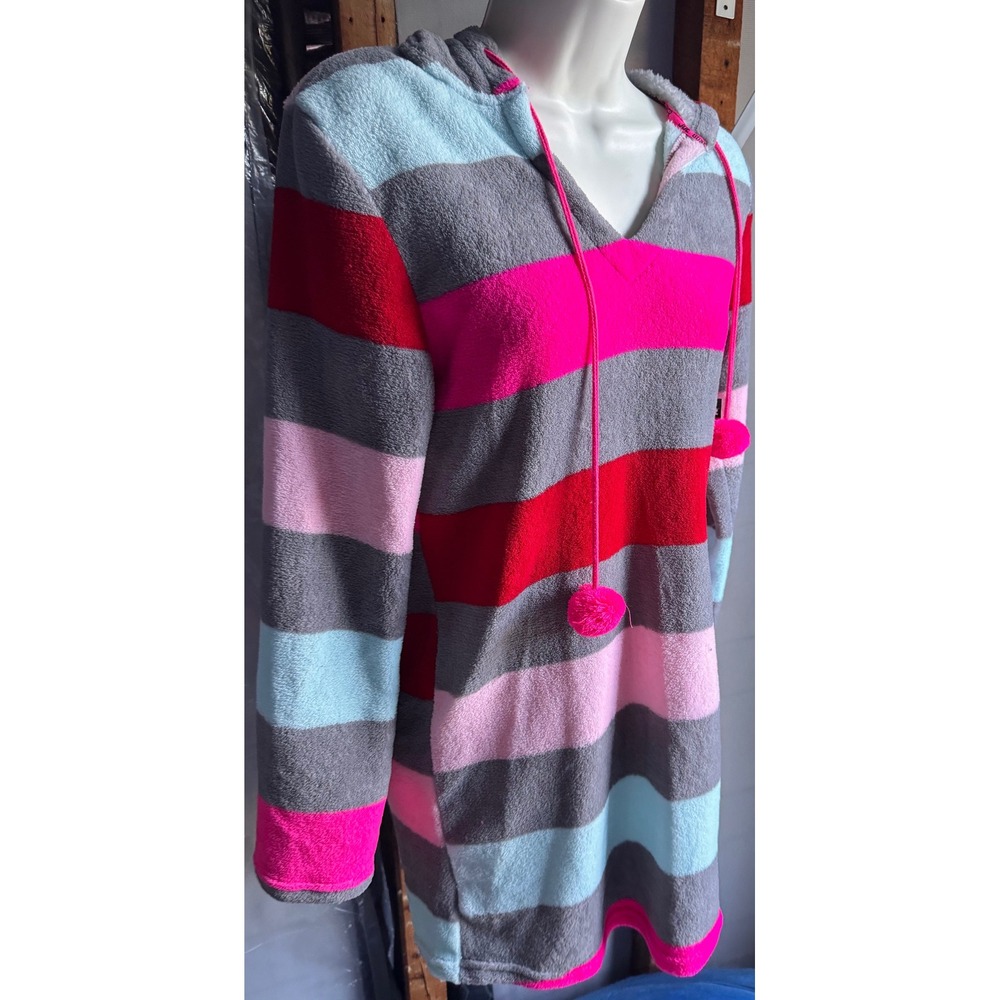 Joe Boxer Womens Small Fleece Hooded Sleep Shirt Striped Pink Grey Pom Poms NWT